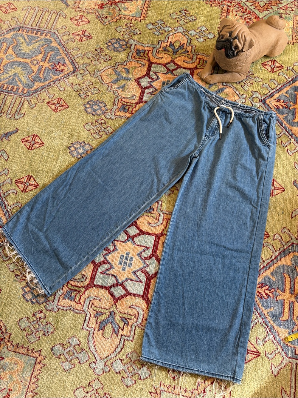 Denim Casual Wide-Leg Drawstring Jeans in Medium Blue